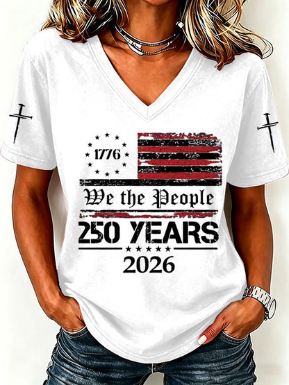 Women'S America Flag Print Casual V-Neck T-Shirt