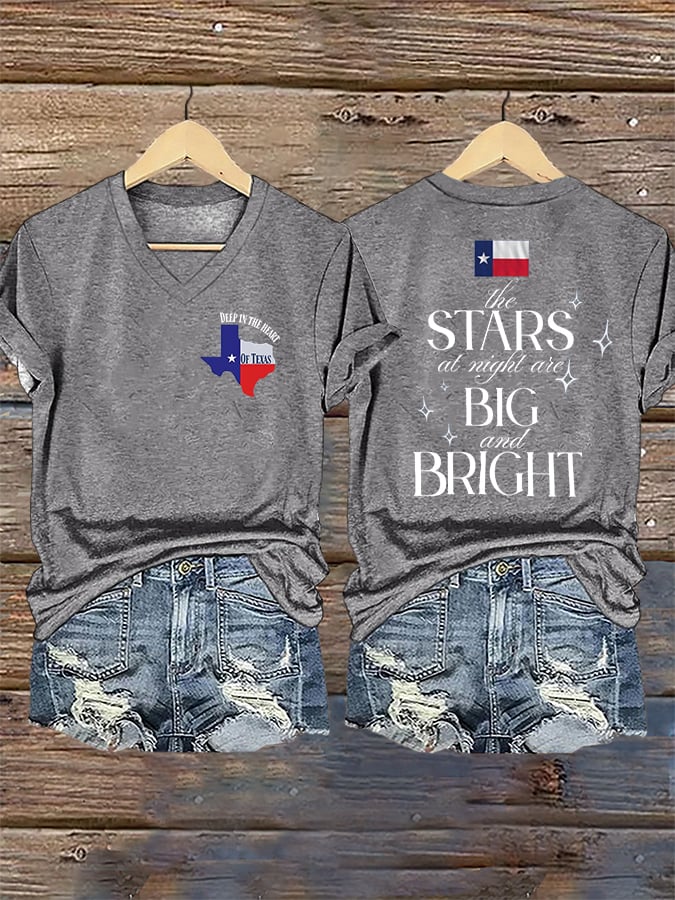 🙏💔Join us in praying for Texas.🙏V-Neck Retro Texas Strong The Stars At Night Are Big And Bright Deep In The Heart Of Texas Print T-Shirt