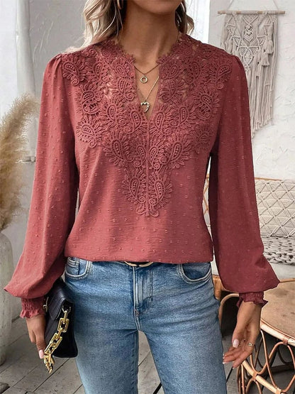 Women's Breast Cancer Pink V-Neck Lace Solid Color Long Sleeve Casual Top