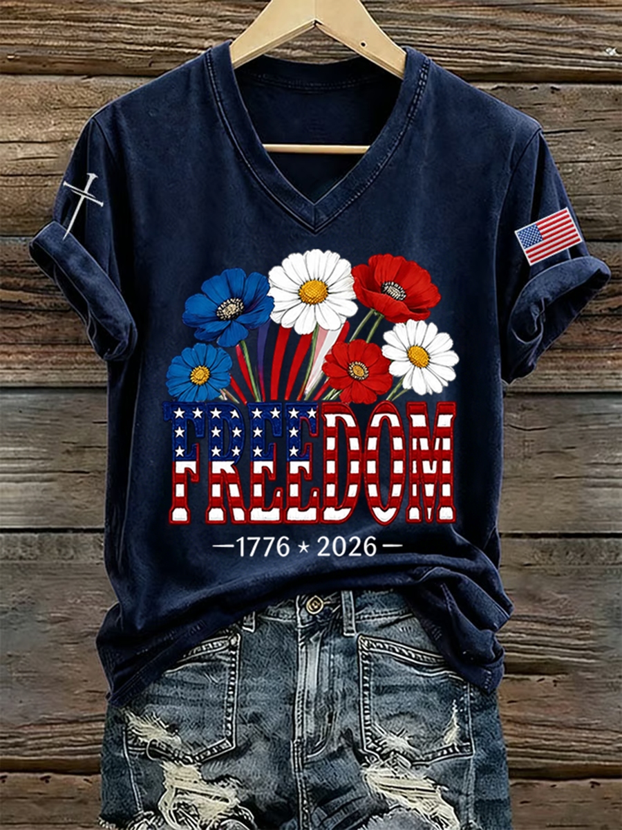 Women's Retro Freedom American Flag Cross Printed Short-Sleeve T-Shirt