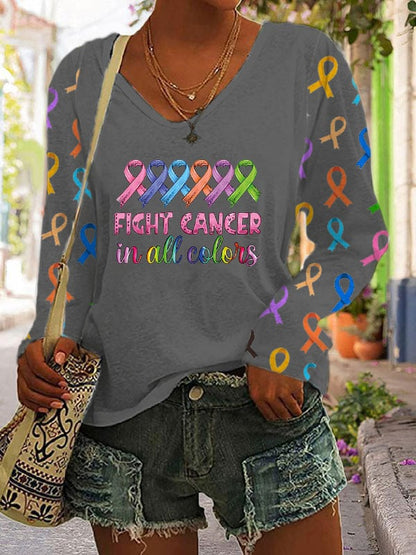 Women's Fight Cancer In All Colors V-neck Long Sleeve T-shirt