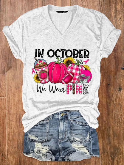 Women's In October We Wear Pink Breast Cancer Awareness Casual T-Shirt