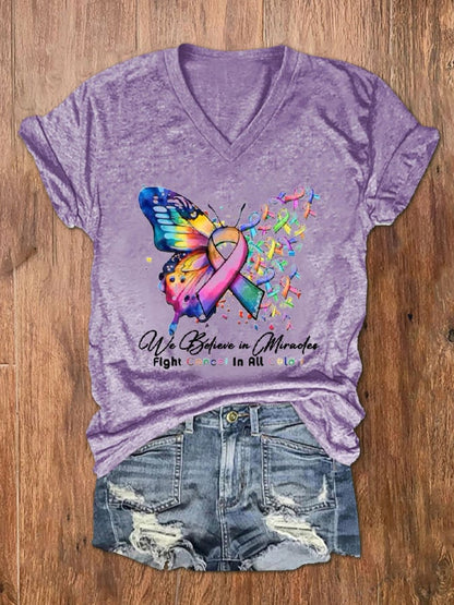 Women's Cancer Butterfly Ribbon We Believe in Miracles Fight In All Color Print V-Neck T-Shirt