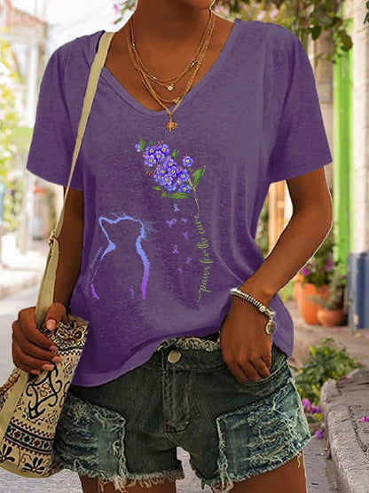 Women's Paws For The Cure Dementia Alzheimer's Disease Awareness Print V-Neck T-Shirt