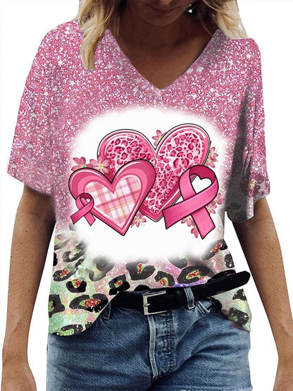 Women's Breast Cancer Casual V-Neck Short Sleeve T-Shirt