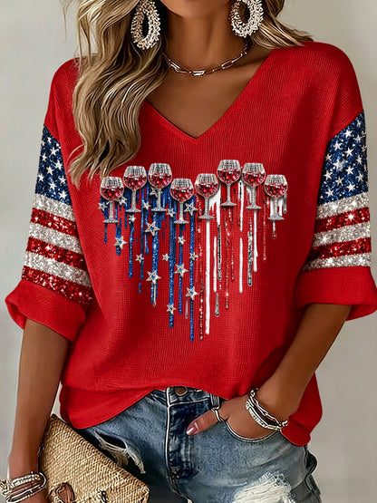 Women's Casual American Independence Day Red Wine Glass Love Glitter Printed T-shirt