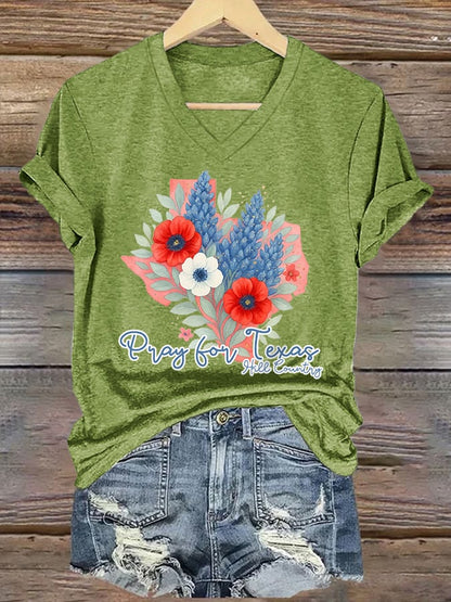 🙏💔Join us in praying for Texas.🙏V-Neck Retro Texas Strong Pray For Texas Hill Country Print T-Shirt