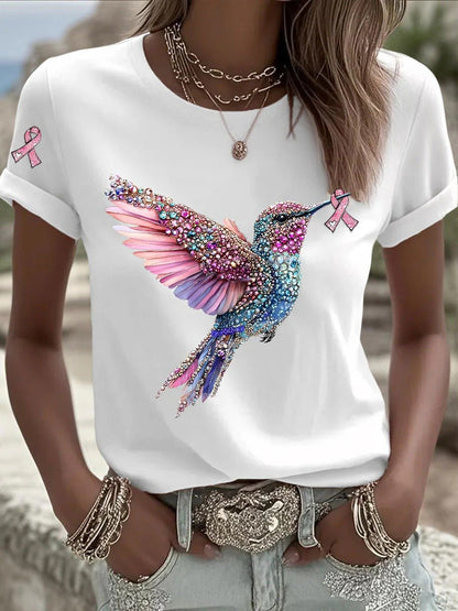 Women's Breast Cancer Hummingbird Ribbon Print Casual T-shirt