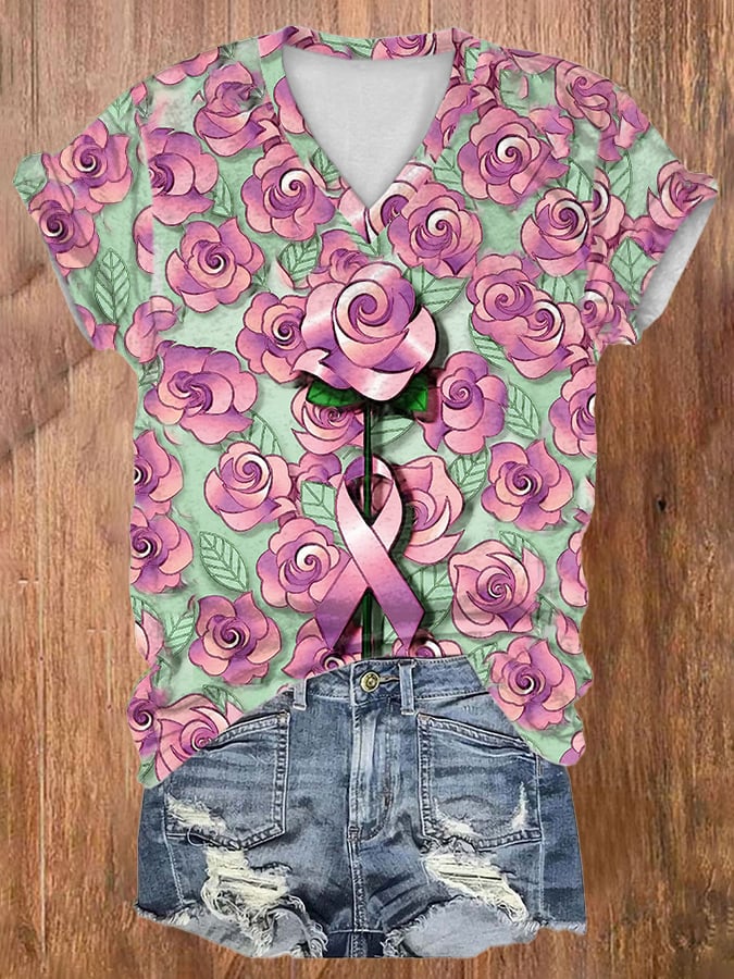 Women's Casual Pink Ribbon Breast Cancer Art Print Short Sleeve T-Shirt