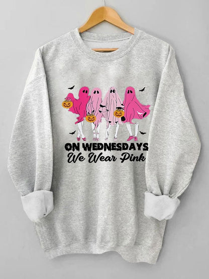 Women's Halloween Breast Cancer On Wednesday We Wear Pink Cute Ghost Print Sweatshirt