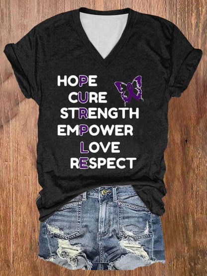 Women's Alzheimer Awareness Purple Butterfly Fighting Print T-Shirt