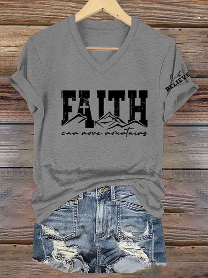 Women's Faith Can Move Mountains   Printed V-Neck Tee