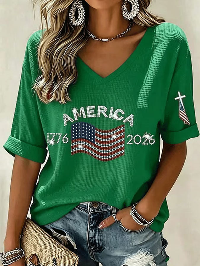 Ladies' American Flag Printed Casual Long Sleeve V-neck T-shirt