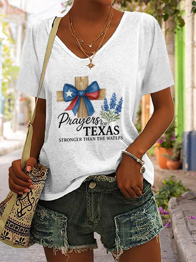 🙏💔Join us in praying for Texas.🙏V-Neck Retro Texas Strong Prayers For Texas Stronger Than The Waters Faith Cross Print T-Shirt