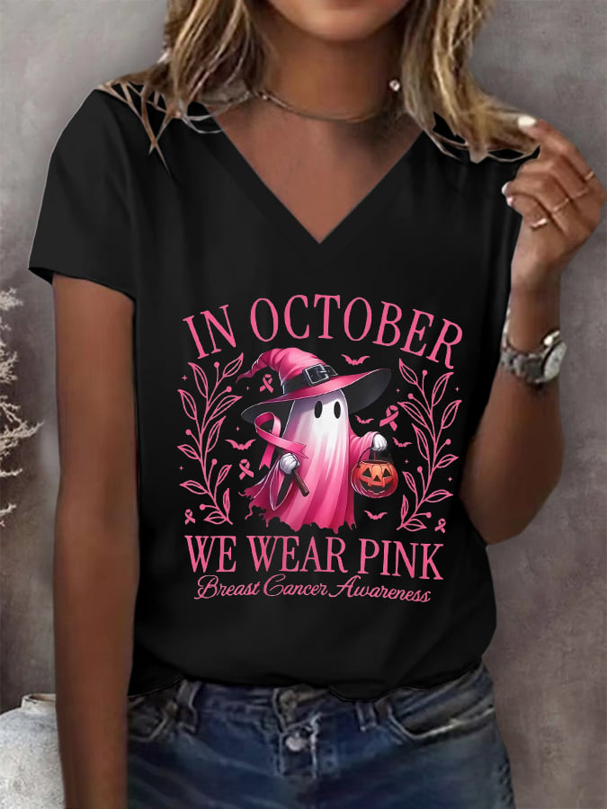 Women's In October We Wear Pink Breast Cancer Awareness Print V-neck T-Shirt