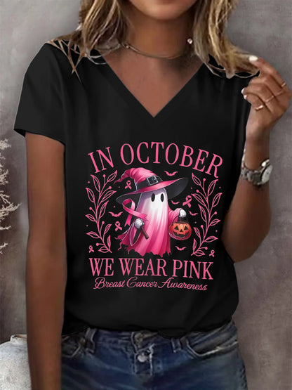 Women's In October We Wear Pink Breast Cancer Awareness Print V-neck T-Shirt