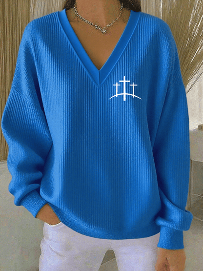 Women's Faith Print Knit V-Neck Long Sleeve Top