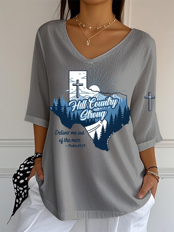 🙏💔Join us in praying for Texas.🙏V-Neck Hill Country Strong Deliver Me Out Of The Mire Print T-Shirt