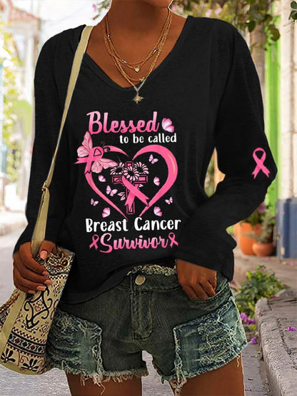 Blessed To Be Called Breast Cancer Survivor Printed Long Sleeve T-Shirt
