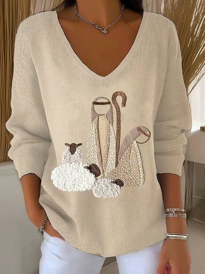 Women's Nativity Print V Neck Sweater