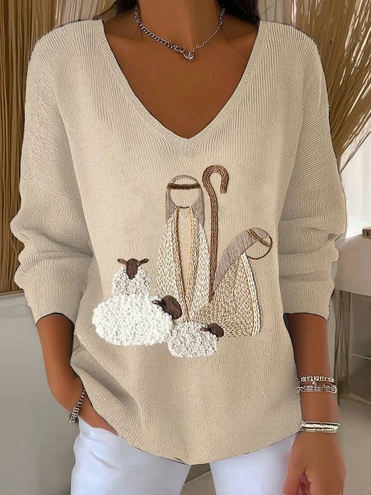 Women's Nativity Print V Neck Sweater