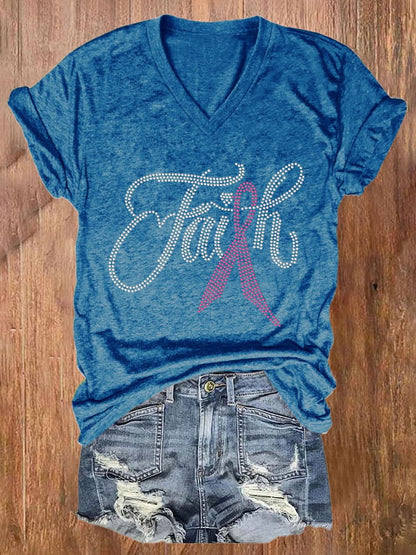 Retro V-neck Breast Cancer Awareness Faith Print T-Shirt
