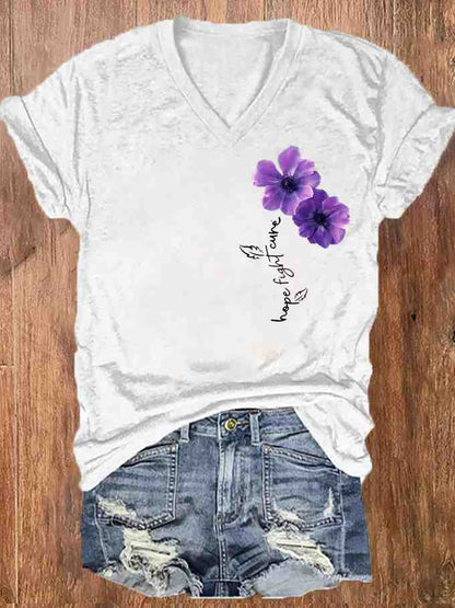 Women's Pansy Hope Fight Cure Dementia Alzheimer's Printed V-Neck T-Shirt
