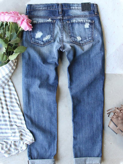 Women's Pumpkin Pink Plaid Shift Casual Ripped Jeans