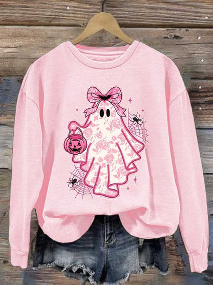 Women's Halloween Pink Ghost Print Casual Sweatshirt