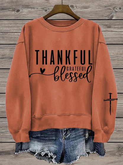 Women's Thanksgiving Cross THANKFUL GRATEFUL BLESSED Crew Neck Sweatshirt