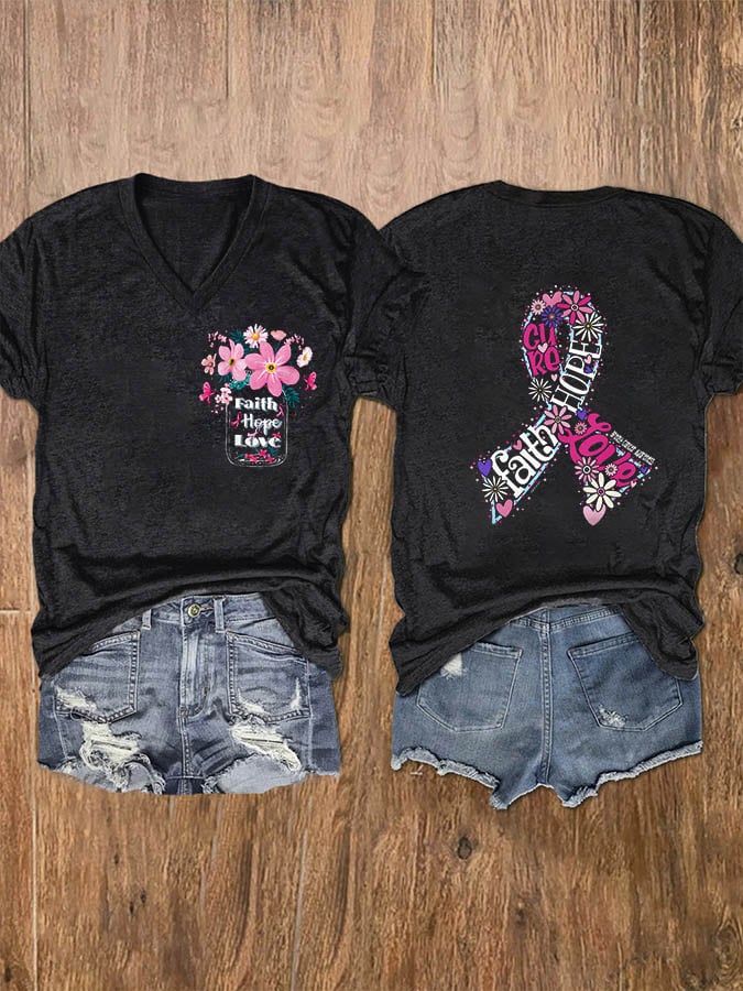 Women's Faith Hope Love Breast Cancer Awareness Print V-Neck T-Shirt