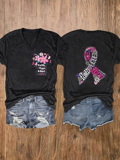 Women's Faith Hope Love Breast Cancer Awareness Print V-Neck T-Shirt