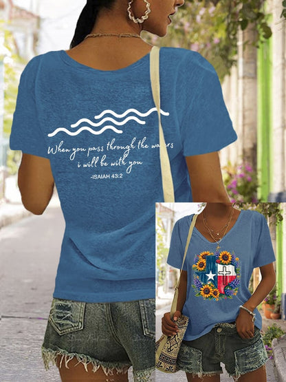 🙏💔Join us in praying for Texas.🙏Women's Texas Strong When You Pass Through the Waters I Will Be with You Isaiah 43:2 Print V Neck Casual T-Shirt