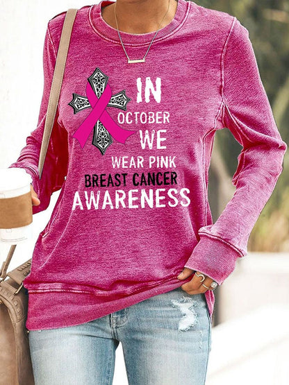 Women's In October We Wear Pink Breast Cancer Awareness Print Casual Crew Neck Sweatshirt