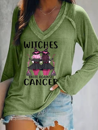 Women's Witches Unite Against Cancer V-Neck Long-Sleeve T-Shirt