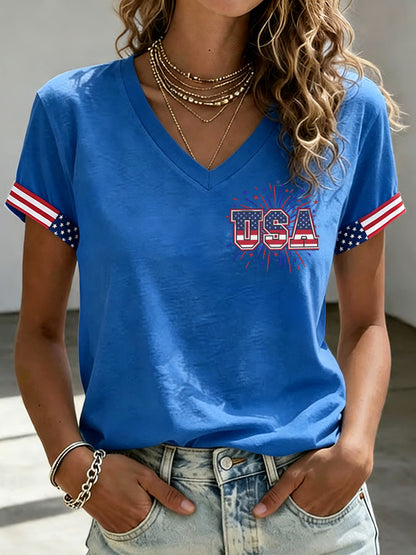 Women'S America Flag  Print Casual V-Neck T-Shirt