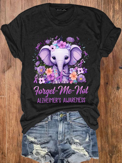 Women's Forget Me Not Alzheimer's Awareness Elephant Flower  Print T-Shirt