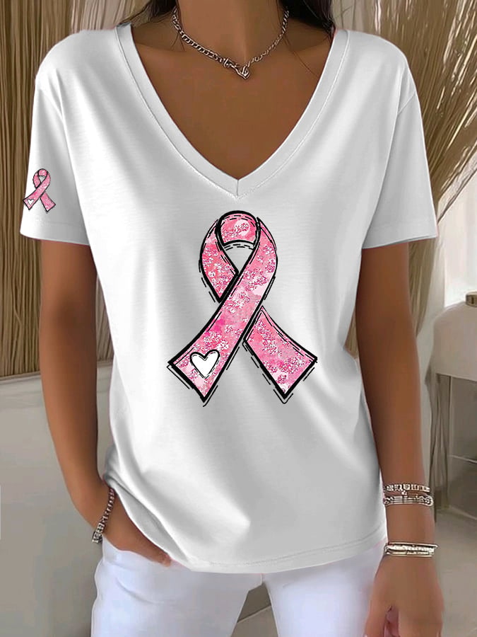 Women's Casual All-Match Solid Color Pink Ribbon V-Neck T-Shirt
