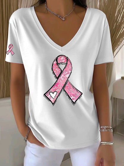 Women's Casual All-Match Solid Color Pink Ribbon V-Neck T-Shirt