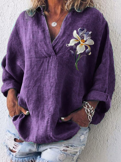 Women's Cotton And Linen Purple Floral V-Neck Top
