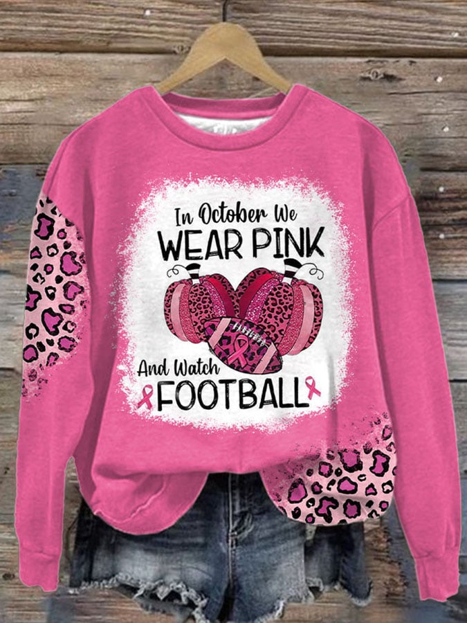 Retro Breast Cancer Awareness In October We Wear Pink And Watch Football Leopard Print Sweatshirt