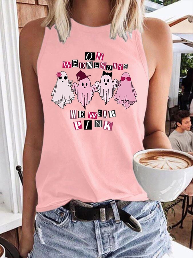 Women's Halloween Breast Cancer On Wednesday We Wear Pink Cute Ghost Halloween Print Tank Top