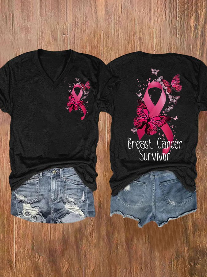 Breast Cancer Survivor Pink Ribbon And Butterfly Print Short Sleeve Casual T-Shirt