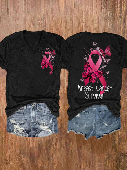 Breast Cancer Survivor Pink Ribbon And Butterfly Print Short Sleeve Casual T-Shirt
