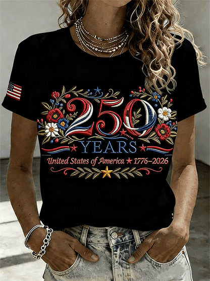 Women's 250 Years 1776-2026 USA Floral Embroidered T-shirt