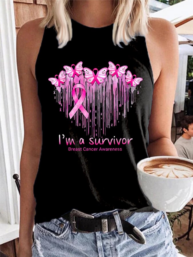 Women's I'M A Survivor Breast Cancer Awareness Print Casual Tank Top