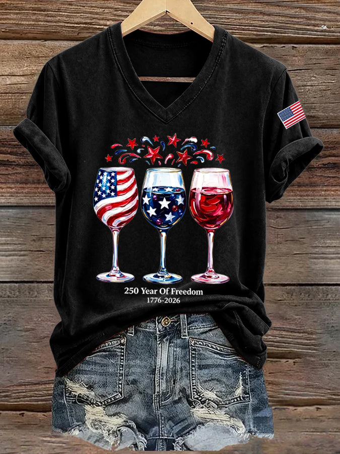 Women'S America Flag Floral Print Casual V-Neck T-Shirt