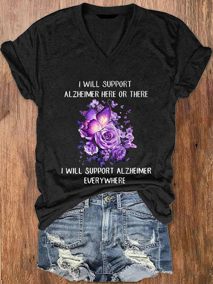 Women's Alzheimer's Awareness Butterfly Printed V-Neck T-Shirt