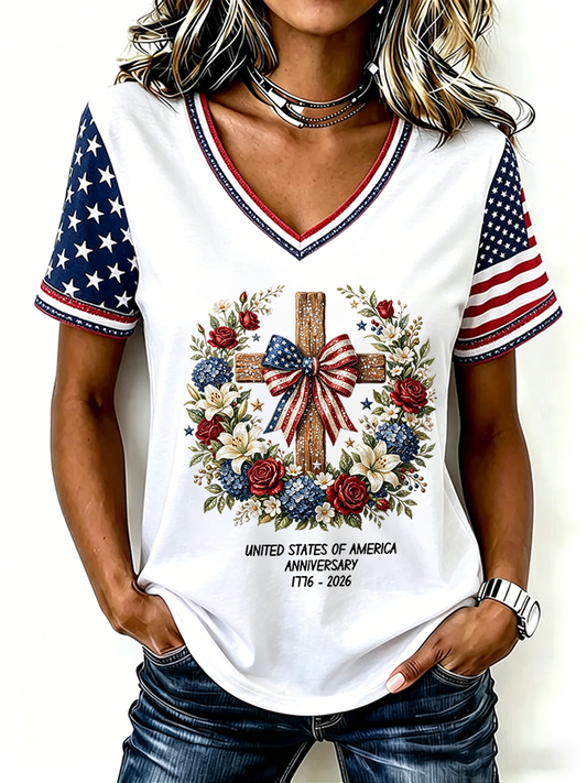 Women'S One Nation Under God Print Casual V-Neck T-Shirt