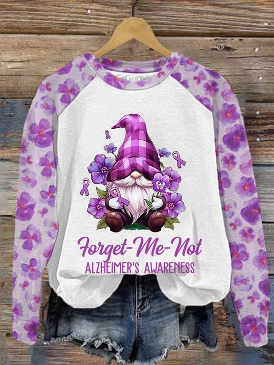 Women's Forget Me Not Purple Alzheimer's Awareness Gnome Flower Print Sweatshirt